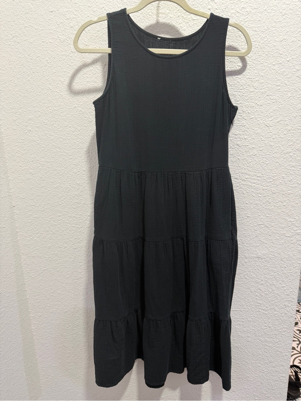 J.Crew Black Tiered Gauze Midi Dress Sleeveless Cotton Crinkle Pocket Dress Med